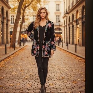 Johnny Was Y2K JWLA Petite  Medium Silk Velvet Embroidered Open Kimono Jacket PM